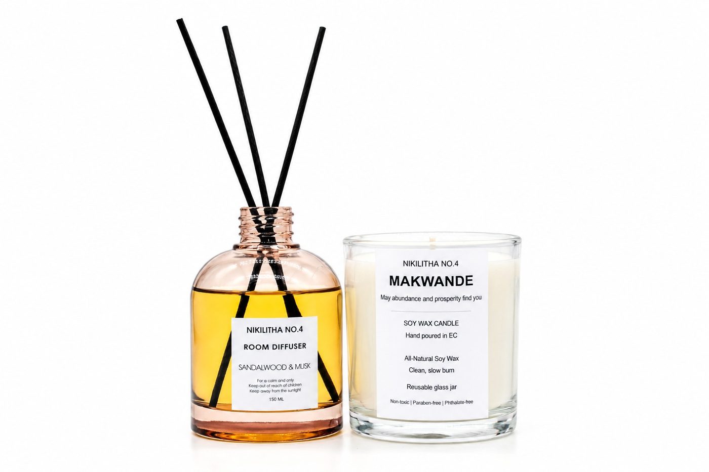 Afrikare hand-poured room diffuser and Makwande soy wax candle